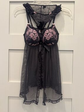 Victoria's Secret Babydoll Nightgown 34B Sheer Sexy Little Things Black Pink